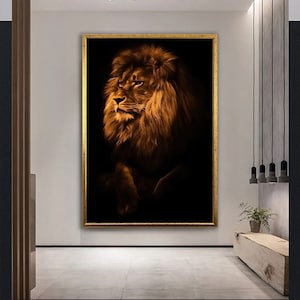 Lion Canvas Painting, Animal Wall Art, Canvas Wall Art, Luxury Framed Wall Decor,Bronze Lion Canvas Art