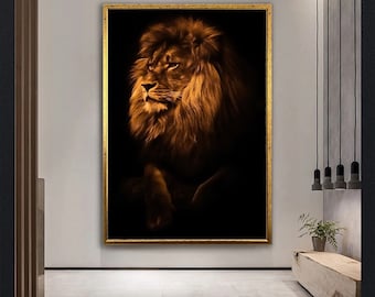 Leeuw canvas schilderij, dierlijke kunst aan de muur, canvas kunst aan de muur, luxe ingelijste wand decor, bronzen leeuw canvas kunst