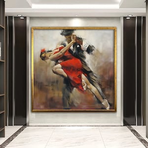 May include: A painting of a couple dancing the tango. The woman is wearing a red dress and the man is wearing a black suit. The painting is done in a realistic style and has a warm color palette.