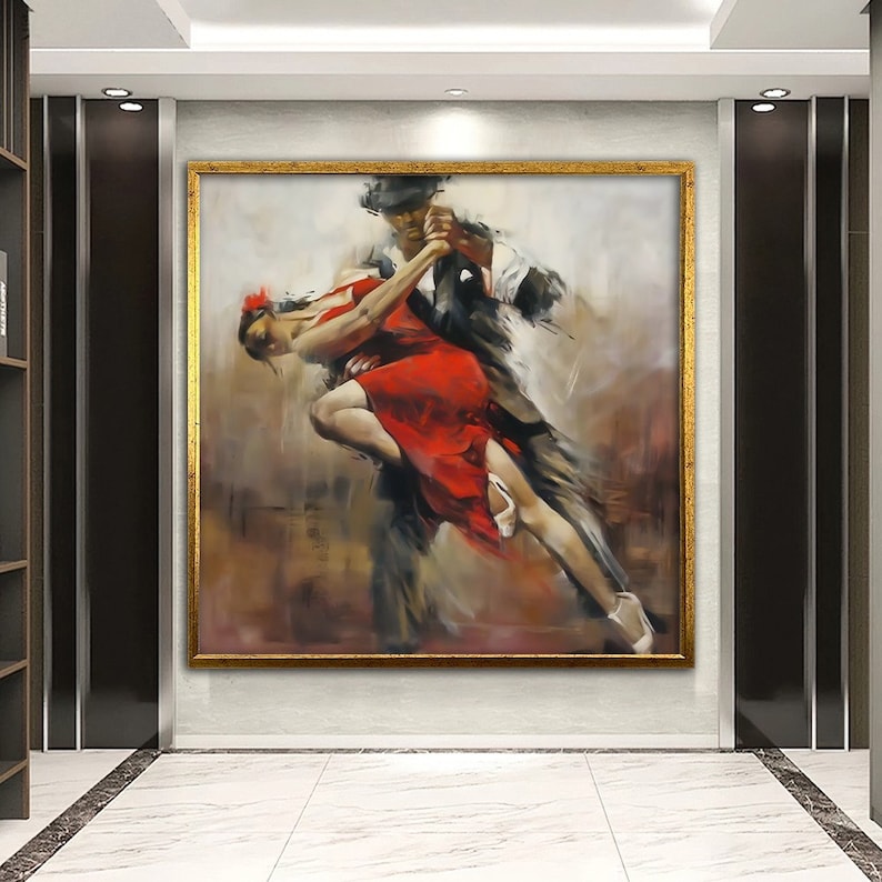 May include: A painting of a couple dancing the tango. The woman is wearing a red dress and the man is wearing a black suit. The painting is done in a realistic style and has a warm color palette.