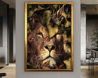 Large Lion Canvas Wall Art, Large Wall Decor,Abstract Lion Painting Canvas Watercolor Living Room Lion Art,Framed Canvas