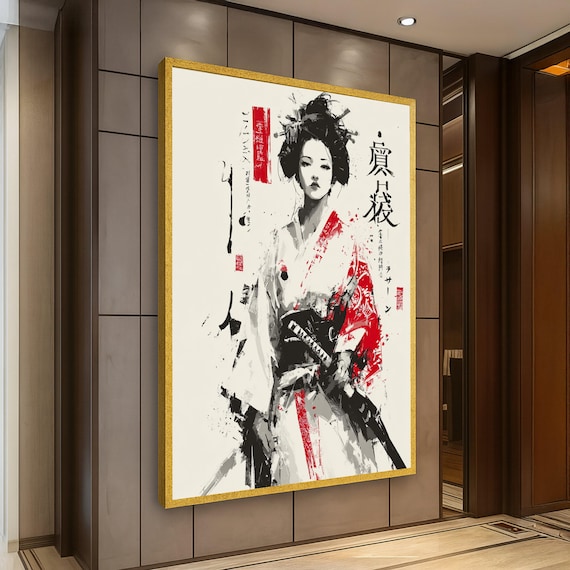 Modern Geisha Warrior Canvas, Japanese Samurai Art, Abstract Kimono Painting, Red Black White Wall Art, Asian Female Portrait Decoration