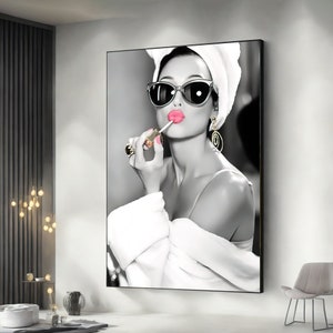 Woman in Lipstick, Audrey Hepburn style, Woman in Robe, Audrey Hepburn Makeup, Canvas Print, Audrey Hepburn Pink Lips, Pop Art Home Decor,