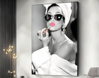 Woman in Lipstick, Audrey Hepburn style, Woman in Robe, Audrey Hepburn Makeup, Canvas Print, Audrey Hepburn Pink Lips, Pop Art Home Decor,