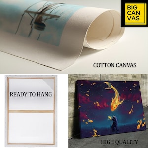 May include: A canvas print of a black cat reaching up to a golden fish swimming in a starry sky. The print is ready to hang and is made of high-quality cotton canvas.