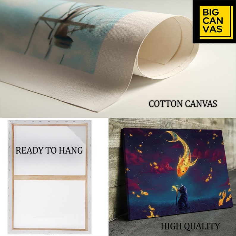 May include: A canvas print of a black cat reaching up to a golden fish swimming in a starry sky. The print is ready to hang and is made of high-quality cotton canvas.