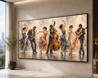 May include: A large rectangular wall art print featuring a group of musicians and dancers in motion. The scene depicts individuals playing a saxophone, a double bass, and a guitar, while others perform dance movements in flowing dresses.