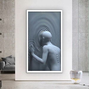 Puede incluir: Una representaci&oacute;n 3D de una persona de pie frente a un patr&oacute;n de espiral en blanco y negro. La persona est&aacute; de espaldas al espectador y tiene una expresi&oacute;n neutral.