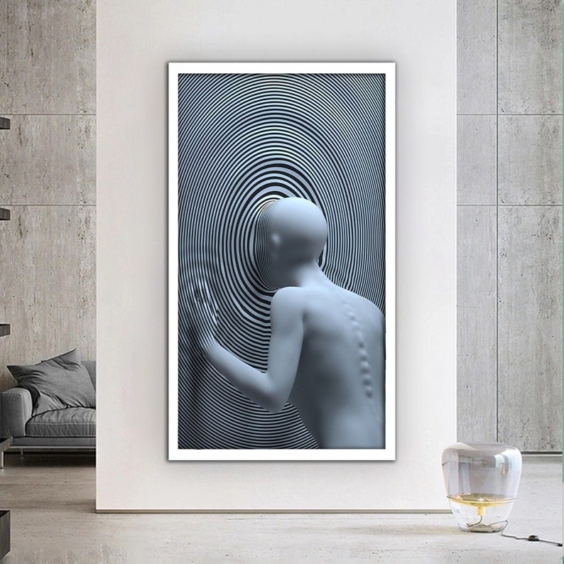 Puede incluir: Una representaci&oacute;n 3D de una persona de pie frente a un patr&oacute;n de espiral en blanco y negro. La persona est&aacute; de espaldas al espectador y tiene una expresi&oacute;n neutral.