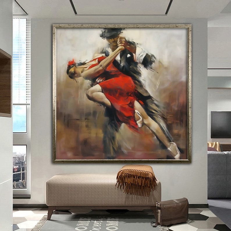 May include: A painting of a couple dancing the tango. The woman is wearing a red dress and the man is wearing a black suit. The painting is done in a painterly style with loose brushstrokes.
