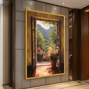 May include: Oil painting of an open doorway overlooking a mountain landscape. The doorway is filled with pink and yellow flowers in a terracotta pot. The painting has a gold frame and is displayed on a neutral wall.