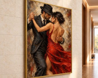 May include: An oil painting in a gold frame depicting a couple dancing tango. The partner wears a dark suit and a black fedora hat. The other partner wears a vibrant red backless dress with a high slit, captured in a dynamic pose.
