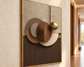 Geometric Abstract Canvas Artwork, Bronze, Brown and Beige Circular Forms with Gold Sphere, Modern Minimalist Neutral Interior Design