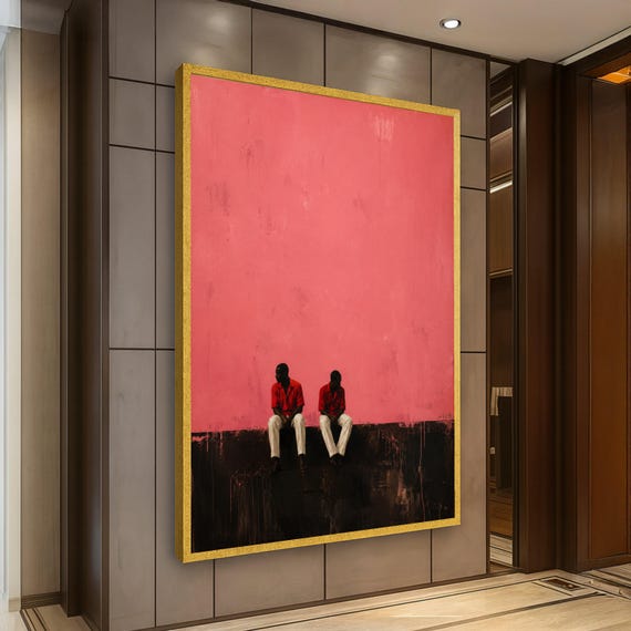 Minimalist Two Men Sitting Wall Art, Modern Canvas with Pink and Black Background, Contemporary Urban Scene, Stylish Home Decoration