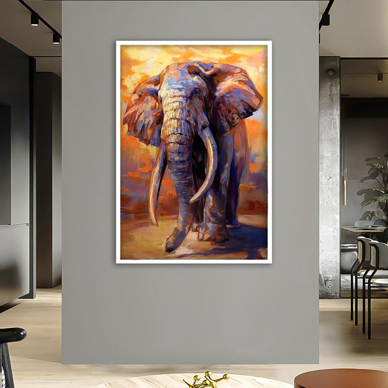 May include: A painting of an elephant with large tusks standing in a field with a sunset in the background. The elephant is painted in shades of purple, blue, and brown.