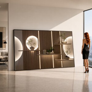 Puede incluir: Un gran espejo de pared rectangular con marco oscuro, listones de madera verticales, iluminación LED integrada y cuatro estantes flotantes. El espejo muestra secciones circulares iluminadas y sostiene pequeñas plantas en macetas.