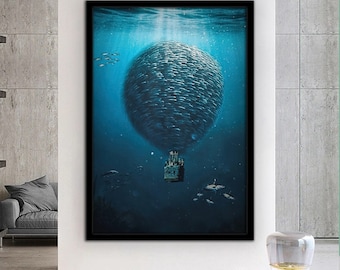 Globo de aire, Arte de pez surrealista, Arte de pared de lienzo, Impresión de arte surrealista, Pintura surrealista, Arte moden, Arte de lienzo enmarcado