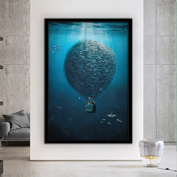 Air Balloon, Surreal Fish Art, Canvas Wall Art, Surreal Art Print, Surreal Painting,moden Art, Framed Canvas Art