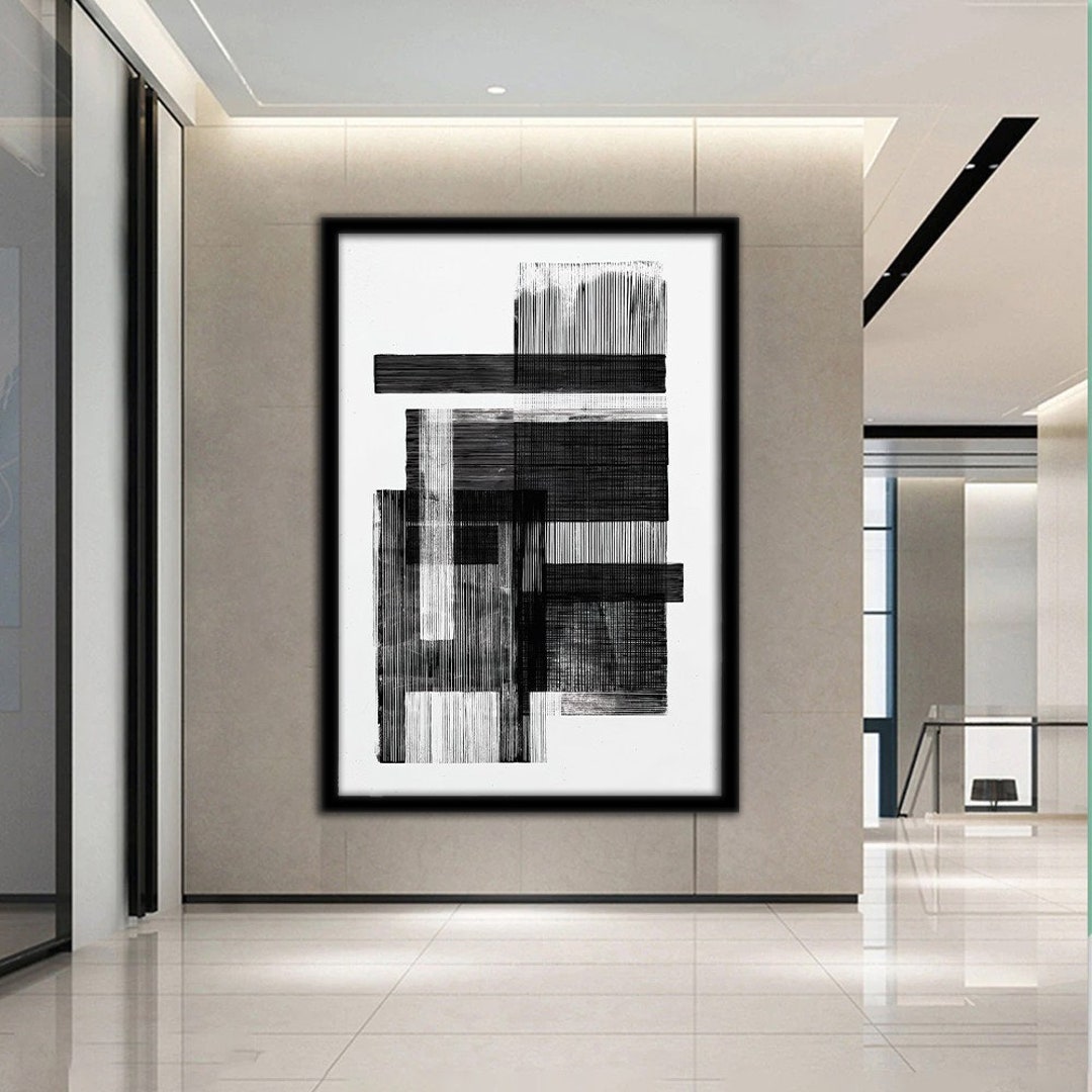Original White and Black Wall Art, Modern Abstract Painting on Canvas ...