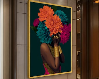 Levendige bloemen zendspoel canvas, Afrikaanse vrouw portret kunst aan de muur, kleurrijk chrysantenboeket, etnische mode canvas, modern huis