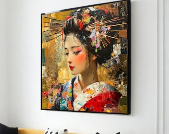 Geisha Portrait Canvas, Colorful Abstract, Japanese Art, Wall Art Canvas Design, Ready To Hang Decoration, Elegant Cultural Print
