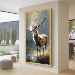 Majestueus hert in ochtendmist, wildlife canvas muurkunst, natuur dierenschilderij, decor rustiek huis, klaar om op te hangen canvaskunst afbeelding 1
