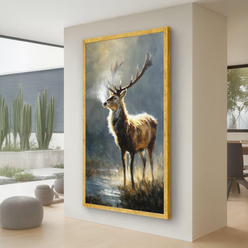 Majestueus hert in ochtendmist, wildlife canvas muurkunst, natuur dierenschilderij, decor rustiek huis, klaar om op te hangen canvaskunst afbeelding 1