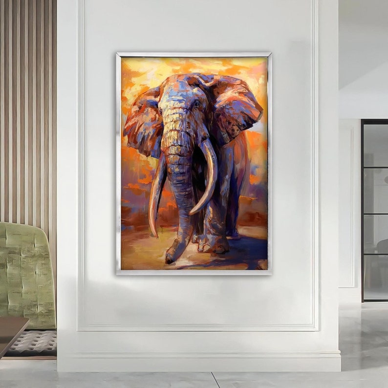 May include: A painting of an elephant with large tusks standing in a field with a sunset in the background. The elephant is painted in shades of blue, purple, and brown.