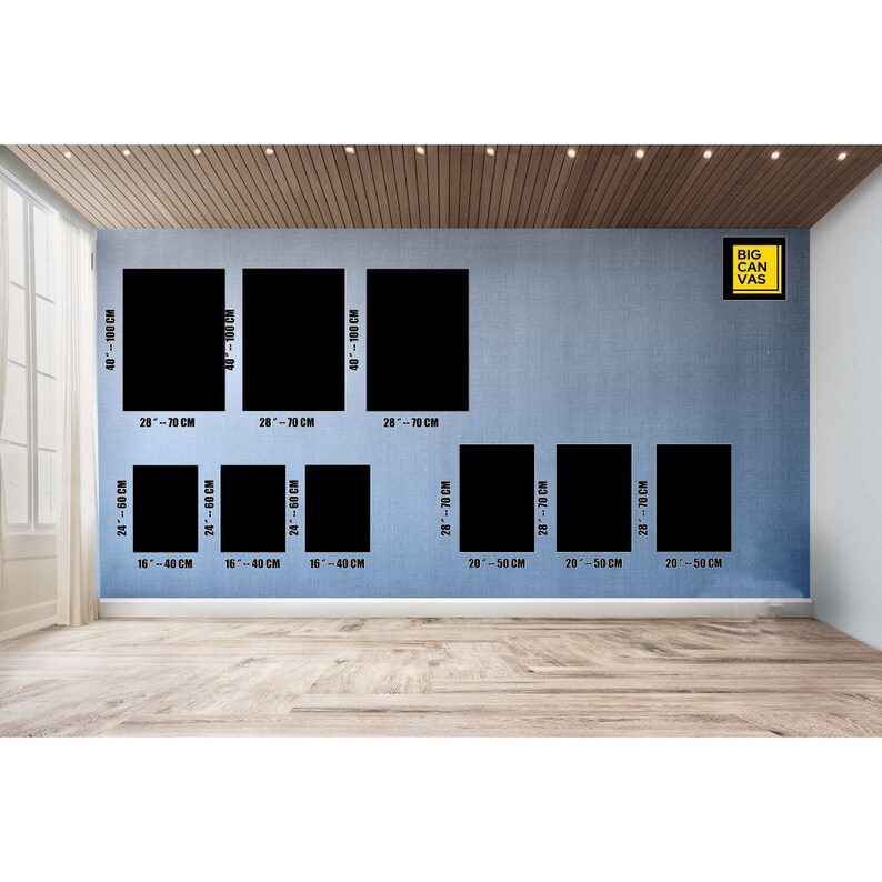 May include: A wall with a variety of black canvas prints in different sizes. The prints are arranged in a grid pattern. The largest print is 40 by 100 centimeters, and the smallest print is 16 by 40 centimeters.