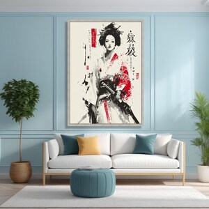 Modern Geisha Warrior Canvas, Japanese Samurai Art, Abstract Kimono Painting, Red Black White Wall Art, Asian Female Portrait Decoration image 4