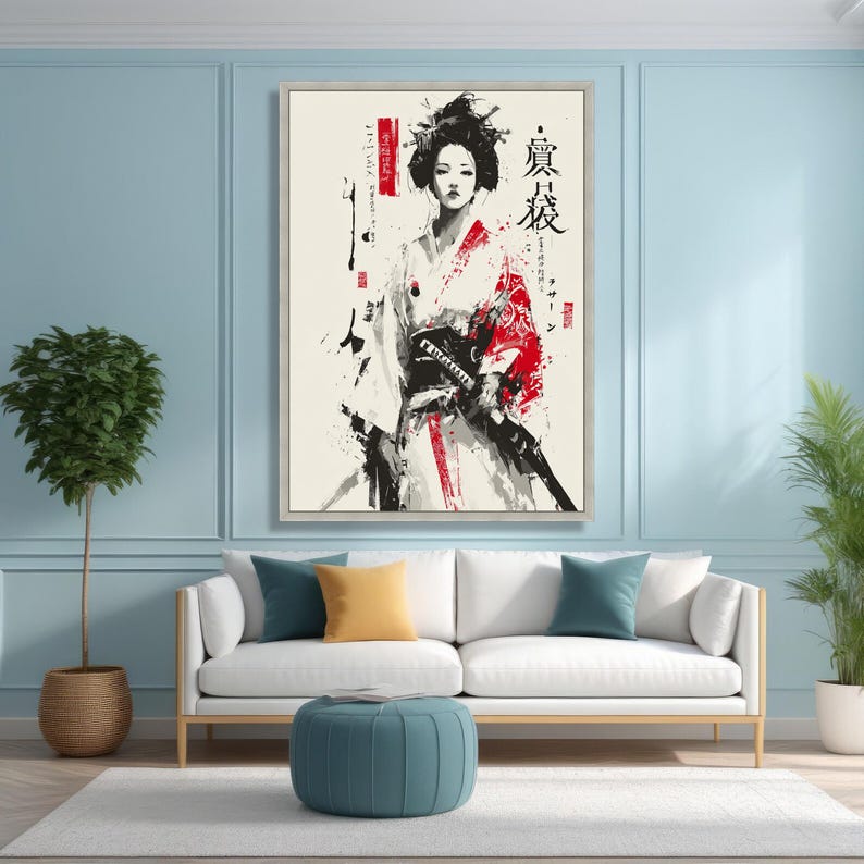 Modern Geisha Warrior Canvas, Japanese Samurai Art, Abstract Kimono Painting, Red Black White Wall Art, Asian Female Portrait Decoration image 4