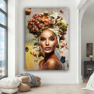 May include: A woman with brown skin and dark hair is wearing a colourful head wrap with flowers and butterflies. The background is a soft yellow and brown with a vintage texture.