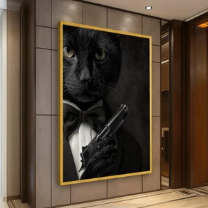 Black Cat in Tuxedo with Gun Canvas, Noir Style Wall Art, Animal Portrait Canvas, Modern Home Decor, Dramatic Cat Art Print