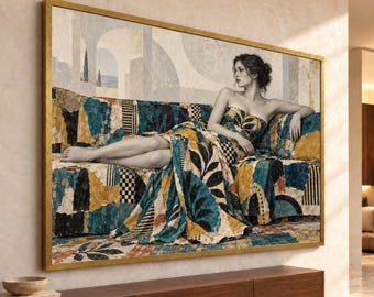 May include: A large rectangular framed wall art piece depicting a person reclining on a sofa. The person wears a strapless dress with a blue, yellow, and black leaf pattern. The background features architectural arches in muted tones.