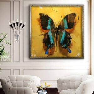 May include: A painting of a blue and black butterfly on a yellow background. The butterfly is painted in a realistic style with visible brushstrokes.