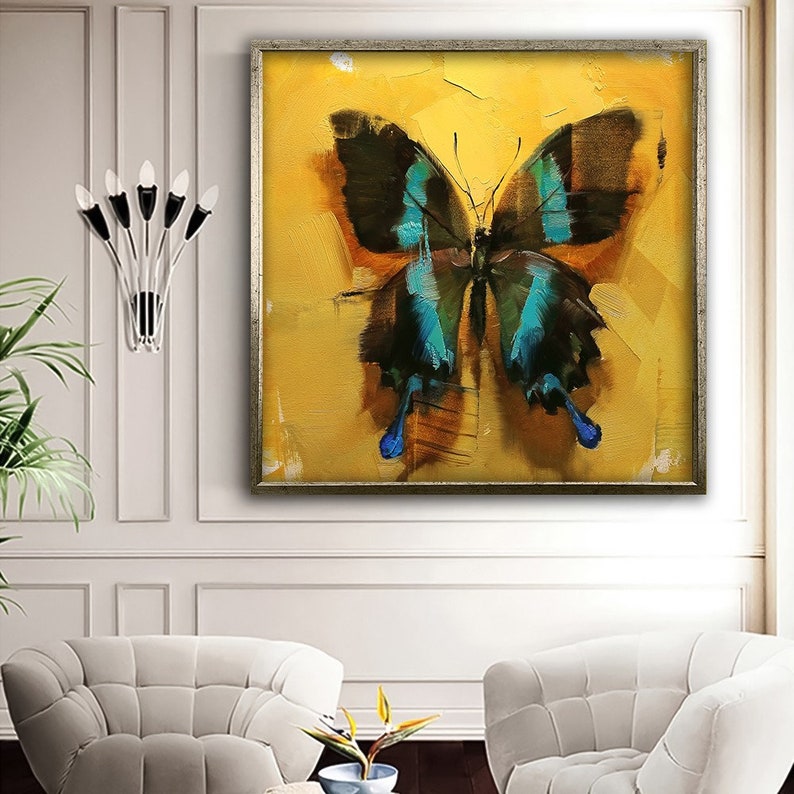 May include: A painting of a blue and black butterfly on a yellow background. The butterfly is painted in a realistic style with visible brushstrokes.