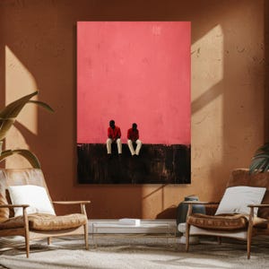 Minimalist Two Men Sitting Wall Art, Modern Canvas with Pink and Black Background, Contemporary Urban Scene, Stylish Home Decoration image 7