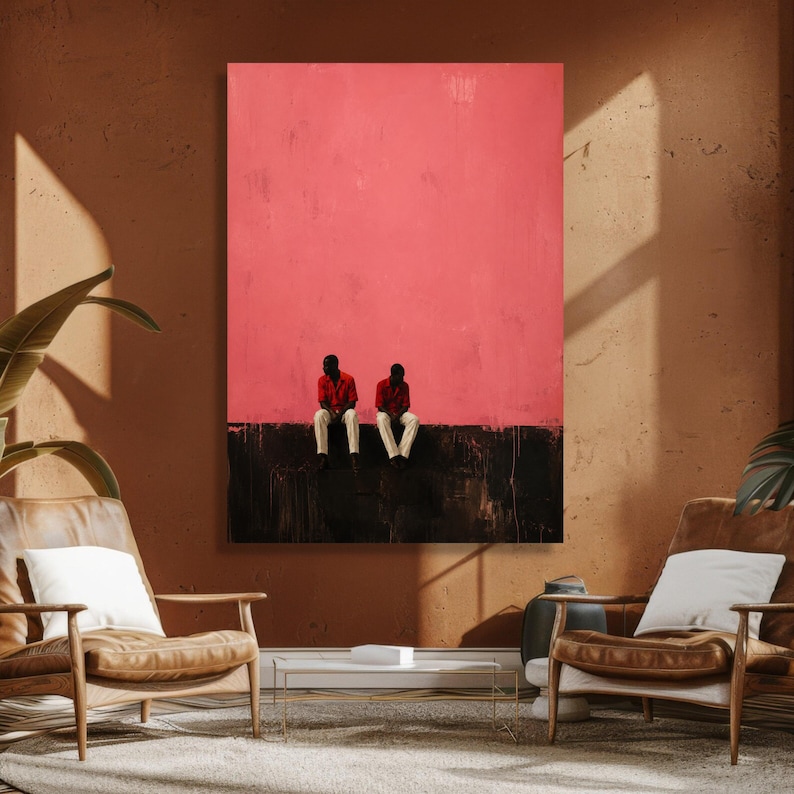 Minimalist Two Men Sitting Wall Art, Modern Canvas with Pink and Black Background, Contemporary Urban Scene, Stylish Home Decoration image 7