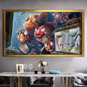 Interesting Fish, Surreal Fish Art, Canvas Wall Art, Surreal Art Print, Surreal Painting,moden Art, Framed Canvas Art