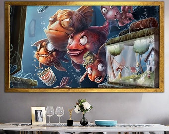 Peces interesantes, Arte de peces surrealistas, Arte de pared de lienzo, Impresión de arte surrealista, Pintura surrealista, Arte de moden, Arte de lienzo enmarcado