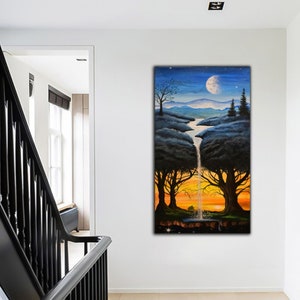 May include: A painting of a waterfall flowing through a forest scene. The sky is blue with a crescent moon and stars. The trees are dark green and the water is white. The bottom of the painting is a sunset with orange and yellow colors.