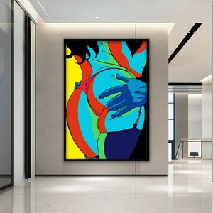 May include: A colorful abstract painting of a person's back with a hand reaching around them. The painting is done in a pop art style with bold colors and lines.