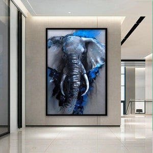 Arte de parede em tela de elefante em tons de azul, tapeçarias de parede de elefante, impressão de parede em tela de animal, presente para amantes de animais, tela emoldurada pronta para pendurar