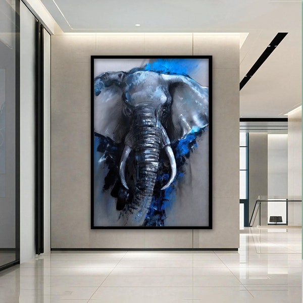 blue tones elephant canvas wall art, elephant wall hangings, animal canvas wall print, gift for animal lover, framed canvas ready to hang