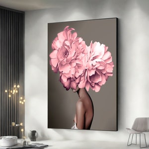 Impresión de cabeza floreciente, mujer de cabeza de rosa, arte de pared de mujer de flores, mujer de moda, lienzo de cabeza de flores, decoración lista para colgar