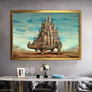 Majestic Castle, Surreal Rhino Art, Canvas Wall Art, Surreal Art Print, Surreal Painting, Moden Art, Framed Canvas Art