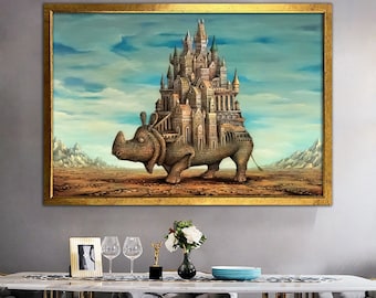 Majestic Castle, Surreal Rhino Art, Canvas Wall Art, Surreal Art Print, Surreal Painting, Moden Art, Framed Canvas Art