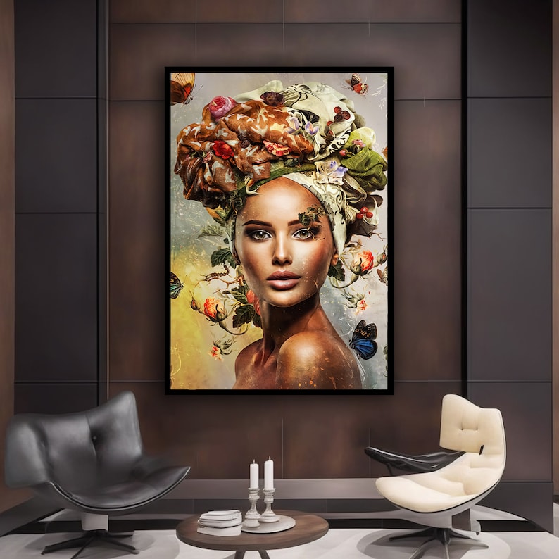 May include: A digital painting of a woman with a colourful head wrap made of flowers and butterflies. The woman has brown skin and dark brown eyes. The background is a soft, muted yellow.