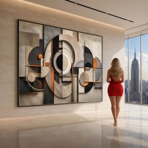 May include: A large rectangular wall art piece featuring a layered geometric composition of circles and rectangles in shades of beige, charcoal gray, black, and metallic copper, mounted on a light-colored wall within a spacious interior room.