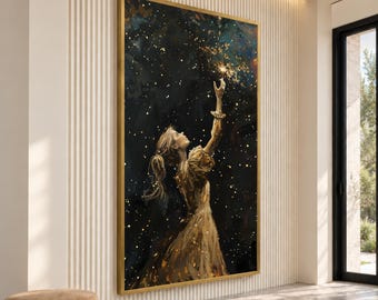 May include: A vertical rectangular wall art piece in a gold frame depicting a figure in a golden dress reaching toward a bright star in a dark, starry night sky. The artwork features deep black tones contrasted with shimmering gold highlights.